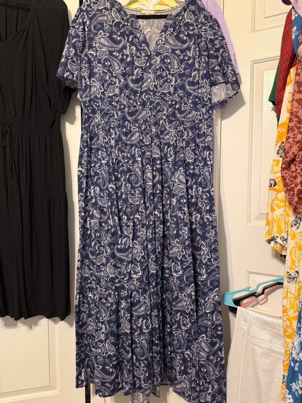 Navy Paisley Maxi Dress with Gathered Waist